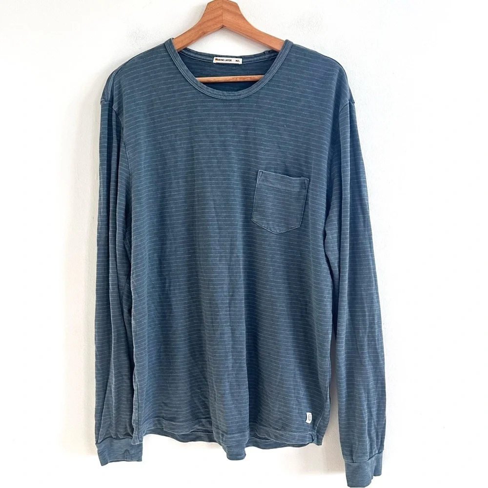Marine Layer Men's Blue Striped Long Sleeve patch pocket Shirt - Picture 1 of 7